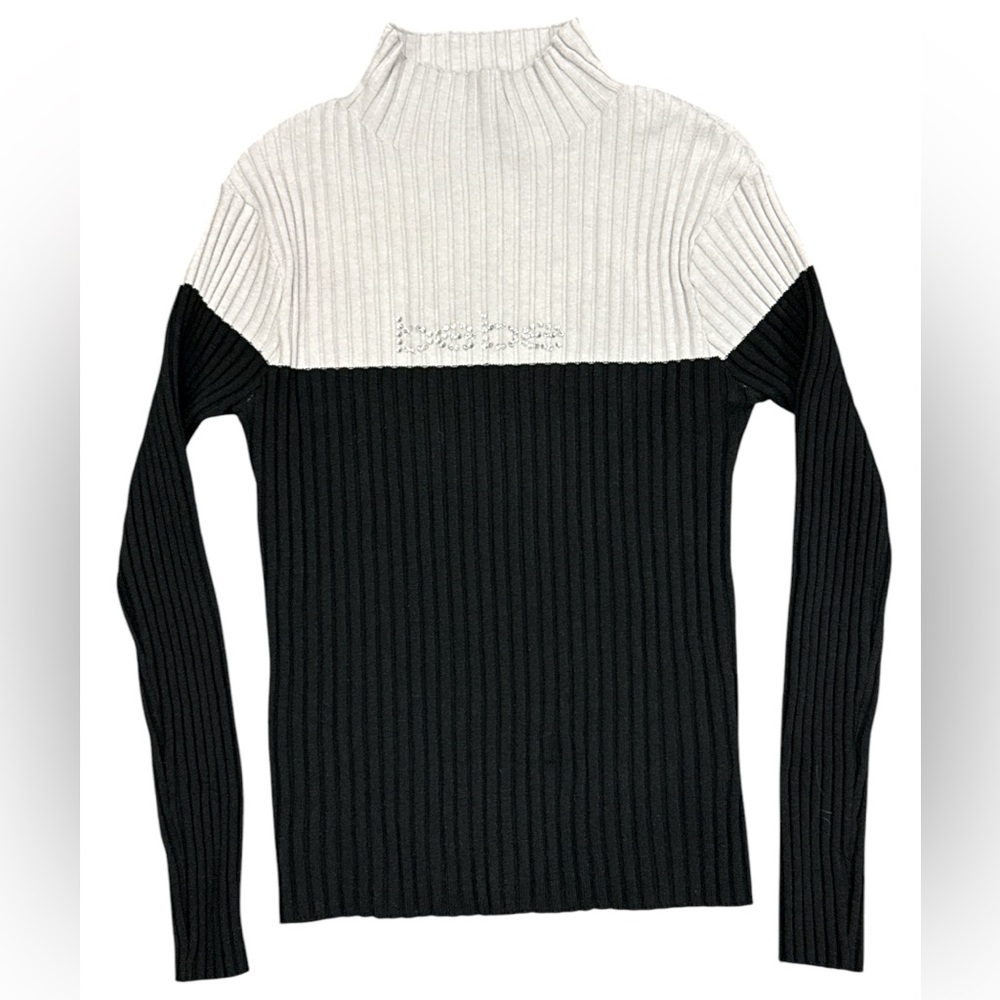 Bebe Ribbed Mock Neck Sweater Two Tone Womens Large Rhinestones Fitted Stretchy
